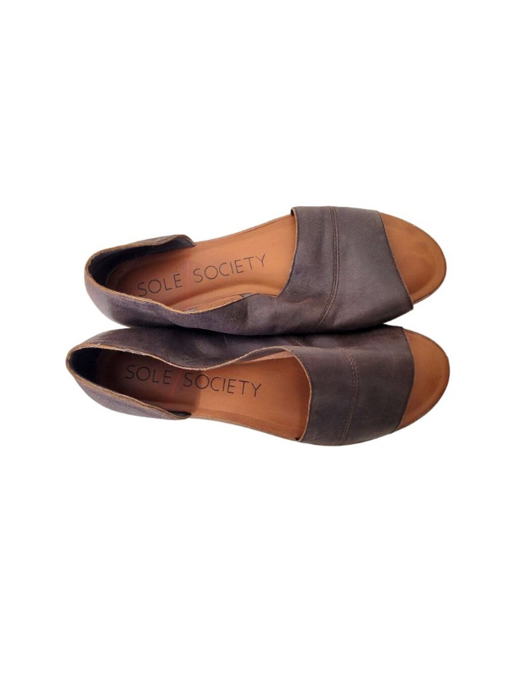 Sole Society Brown Leather Peep Toe Flats Slip On Shoes  Women's Size 10 - Picture 4 of 8